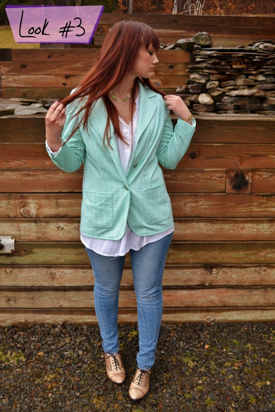 80s Vintage Greek Key Blazer Look 3 80s vintage greek key blazer styled one way against wooden backdrop