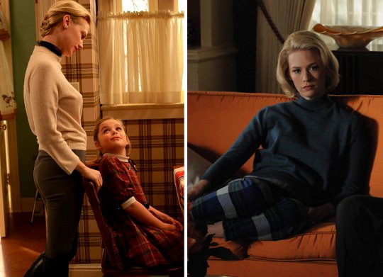 two pictures of betty draper in mad men wearing pants