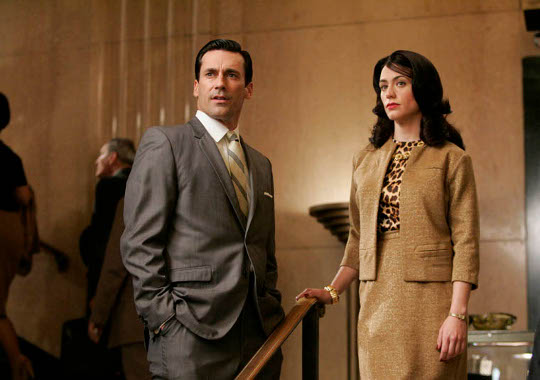 skirt suit in mad men showing leopard print blouse