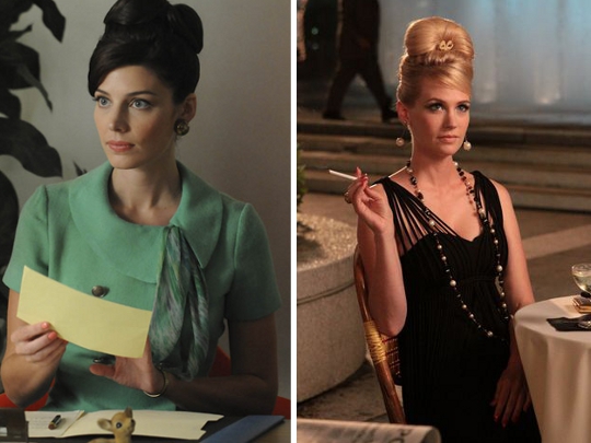 two pictures showing the beehive updo style as worn on mad men
