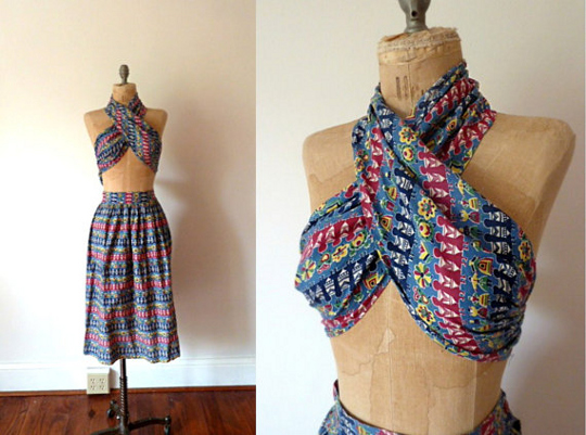 1950s Beachwear 1950s beachwear matching skirt and halter top
