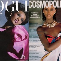 supermodel iman on cover of vintage vogue and cosmopolitan magazines