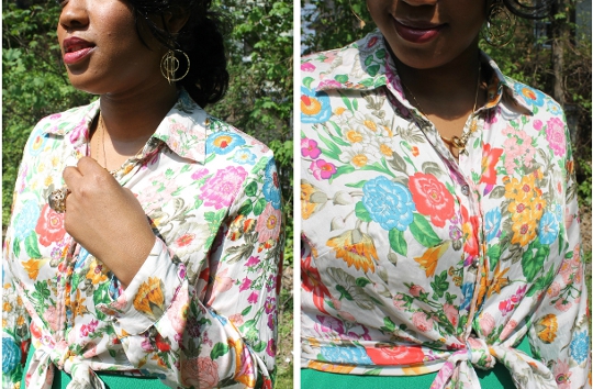 collared floral crop top worn over a 1970s maxi dress