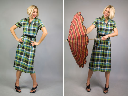 a composite image of a 1940s country plaid dress