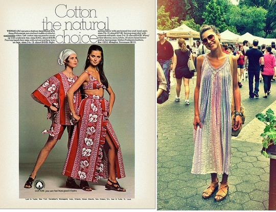 70s indian cotton advertisement alongside modern woman wearing 1970s indian cotton dress