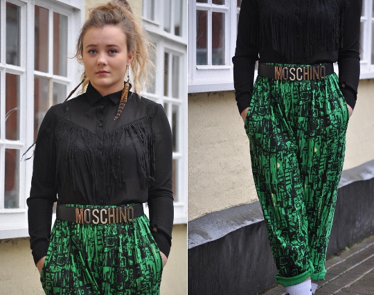 1980s vintage green ethnic print tapered pants