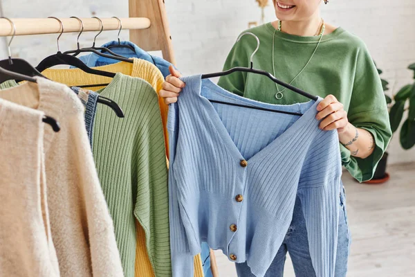 Cropped View Tattooed Woman Happy Smile Holding Hanger Blue Cardigan — Stock Photo, Image