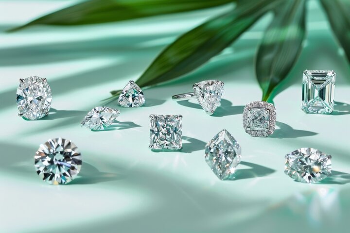 lab-grown diamond shapes and cuts. collection of lab-grown diamonds displayed various shapes as round, princess, emerald, pear