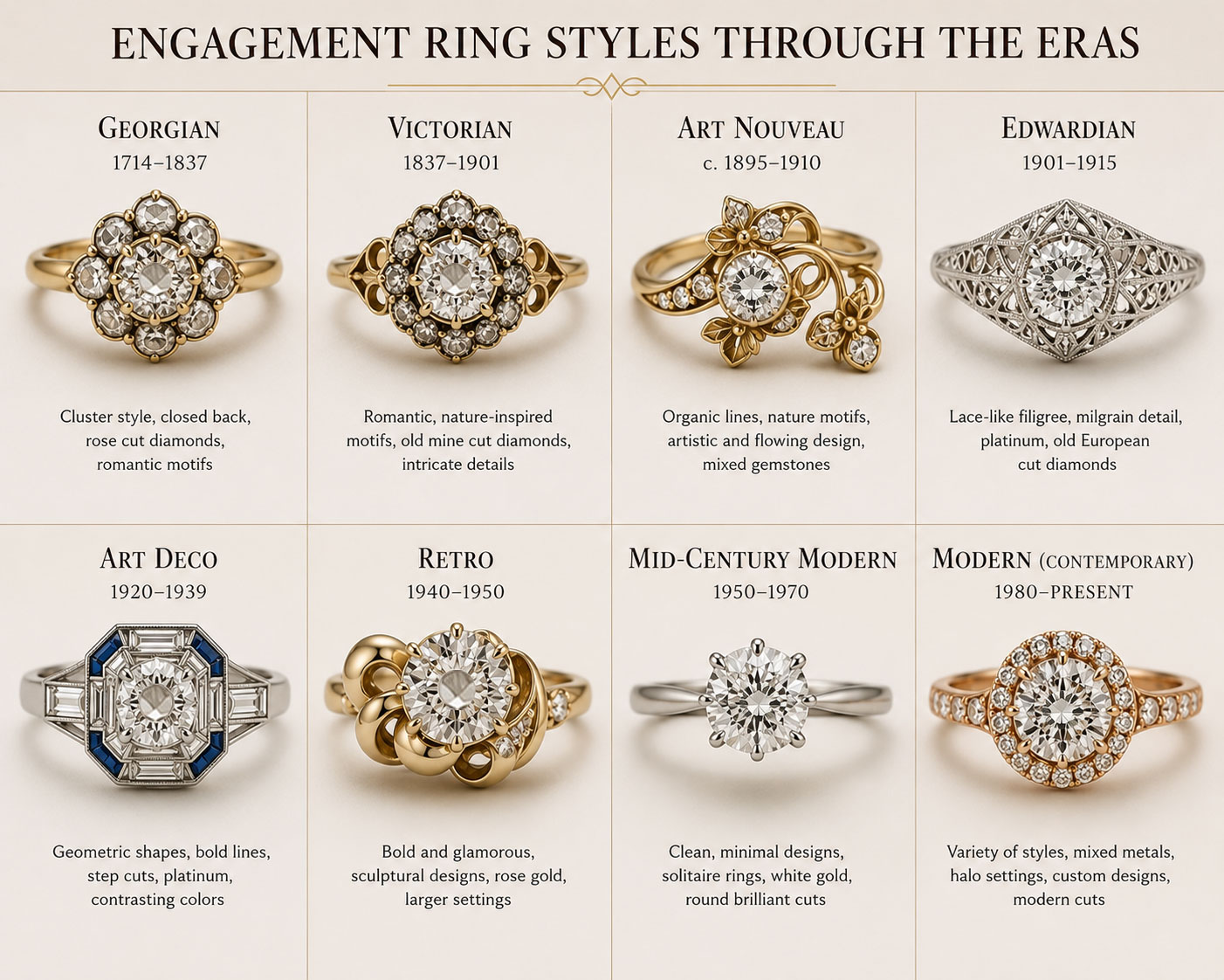 The Evolution of Engagement Ring Styles: Design, Materials, Gold Colors, and Diamond Cuts Through the Eras 7
